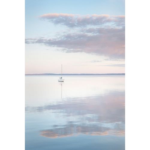 Sailboat and morning clouds reflected in calm waters of Bellingham Bay-Washington State